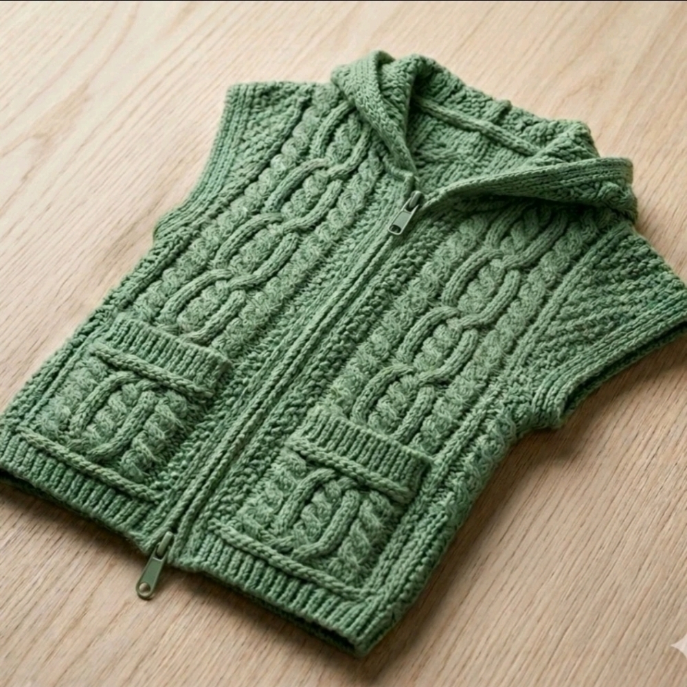 Aran Crafts Ireland 100% Merino Wool Kids Cable Knit Hooded Vest‎ Sweater Sz 2-3